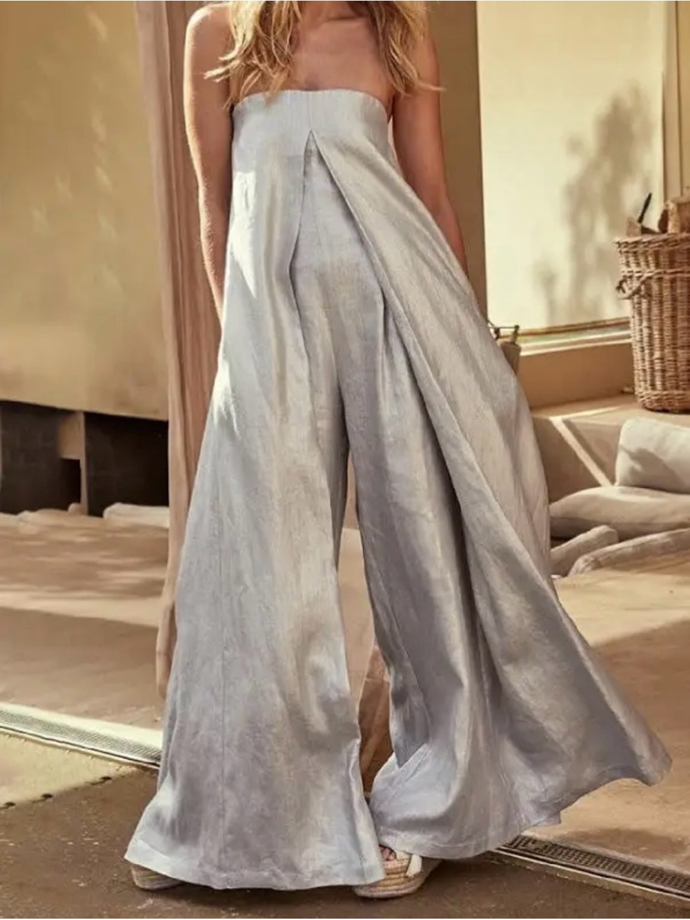 Strapless Wide-Leg Jumpsuit in Light Silver